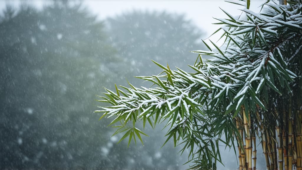  professional detailed photography, wind blowing bamboo leaves, snowy weather, depth of field effect ar 16:9, (muted colors, dim colors, soothing tones), (vsco:0.3)