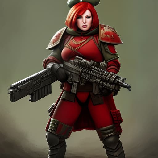  a , an imperial guard soldier from warhammer 40,000. she has short, red hair and green eyes, cute , furry , expressive , by seth casteel , carli davidson , rachael hale mckenna, kaylee greer, sophie gamand