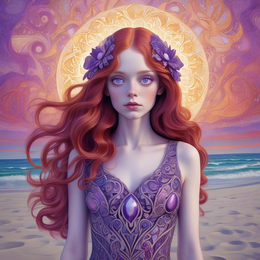  laurel birch midnight amethyst, indigo , purple psychedelic colorful illustration, art deco illustration, a beautiful woman, long red hair, enormous, expressive violet eyes, pale skin, feminine body, a beige lace dress, on a white sand beach, zentangle, filigree, molten gold, prismatic pearlescent, opalescent, luminescent, pearlescent, masterpiece, museum quality deepdream s 400 ar 4:5", mysterious