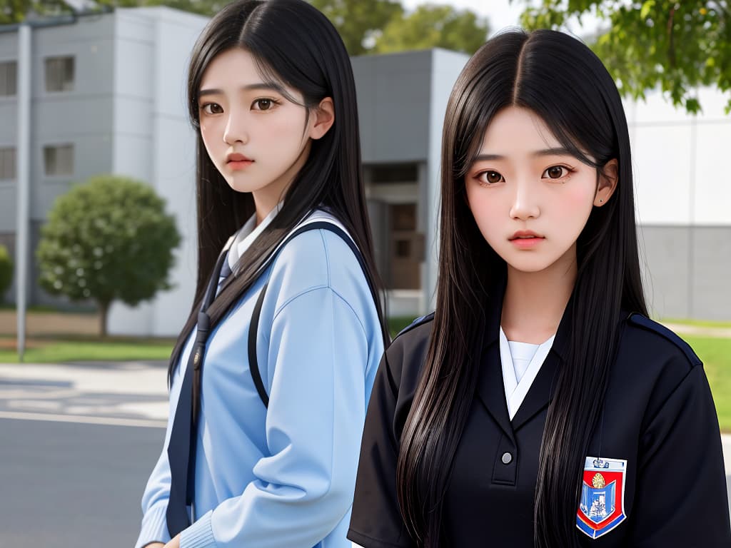  Masterpiece, best quality, a 20-year-old woman with straight black hair, brown eyes, wearing a blue school uniform, looked shocked and aggrieved. She stood motionless on the school playground with an incredible expression on her face. This photo was taken with 8k resolution and shows complex details of her facial features and the school environment.