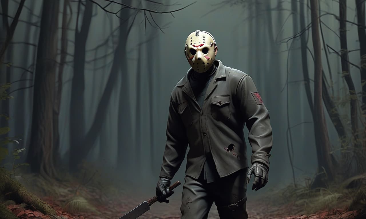  horror themed jason voorhees is walking through the woods . eerie, unsettling, dark, spooky, suspenseful, grim, highly detailed