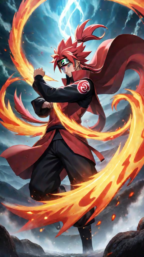  naruto from naruto standing amidst swirling red chakra, the raw energy of kurama unleashed, anime art hyperrealistic, full body, detailed clothing, highly detailed, cinematic lighting, stunningly beautiful, intricate, sharp focus, f/1. 8, 85mm, (centered image composition), (professionally color graded), ((bright soft diffused light)), volumetric fog, trending on instagram, trending on tumblr, HDR 4K, 8K