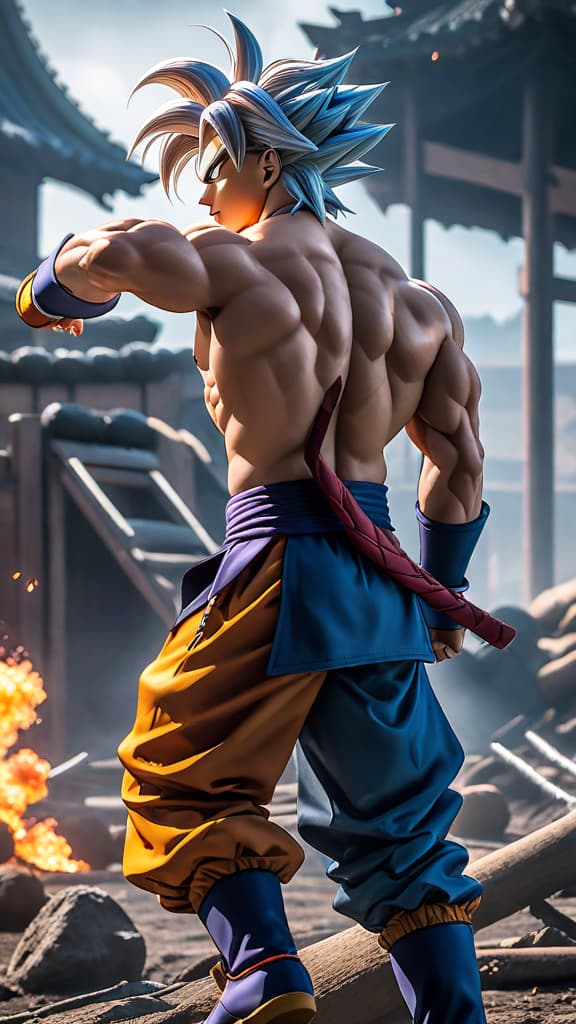  trunks from dragon ball lands in a devastated world, hope still alive, anime art hyperrealistic, full body, detailed clothing, highly detailed, cinematic lighting, stunningly beautiful, intricate, sharp focus, f/1. 8, 85mm, (centered image composition), (professionally color graded), ((bright soft diffused light)), volumetric fog, trending on instagram, trending on tumblr, HDR 4K, 8K