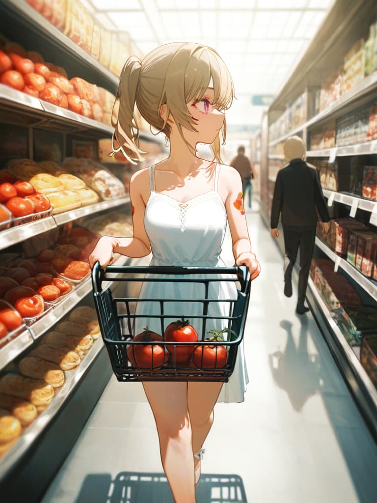  with tomatoes, shopping carts, blonde ponytails, white headphones, pressed gestures, snakes on the legs, whole body, walking figure, karate shopping cart, heart tattoo on arms, white dress dresses, masterpiece, best quality,8k,ultra detailed,high resolution,an extremely delicate and beautiful,hyper detail