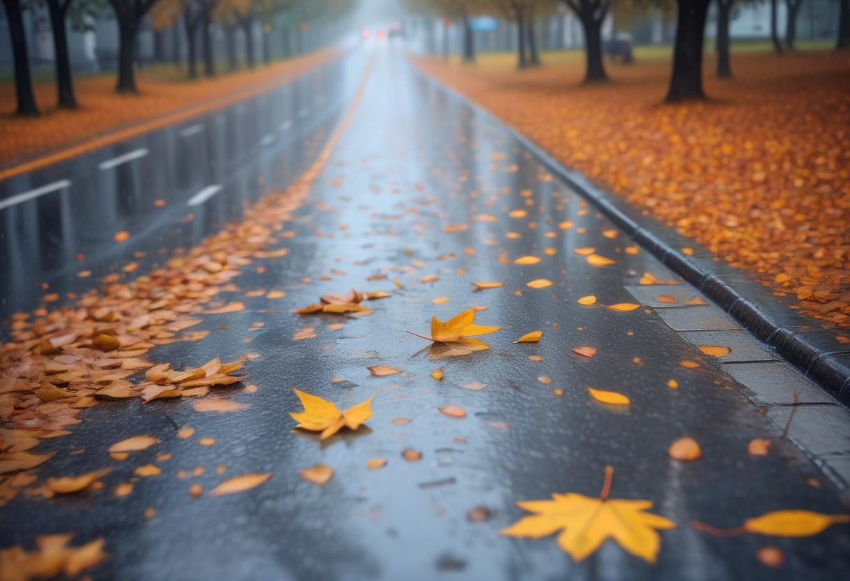  gray, rainy autumn, fallen leaves on the road, it rains