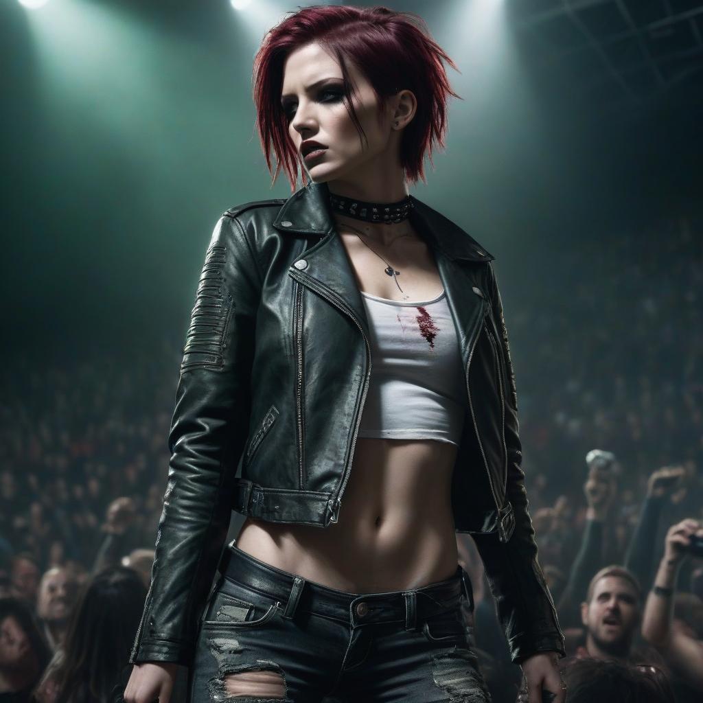  horror themed ((best quality)), ((masterpiece)), (detailed), beautiful punk rock , in leather jacket and torn jeans . against the background of the concert scene. choker. aggressive pose, green eyes, burgundy hair, you can see a well structured abdomen. beautiful s. extremely close up portrait style plan. this work uses multiple exposure, overlay of textures and expert post processing to convey a sense of dynamism and depth. the inclusion of style adds a unique charm to the character, enhancing its complexity and bringing a fresh look to the composition. . eerie, unsettling, dark, spooky, suspenseful, grim, highly detailed