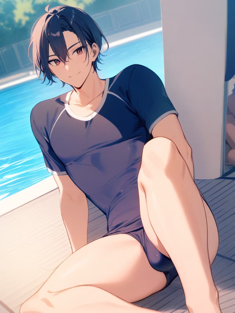  boys (male daughters), short hair, cute smile, boy's body, school swimwear (dark blue school water), male bulge, whole body, pool side,