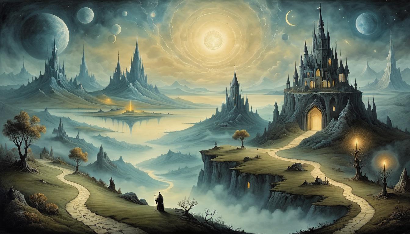  on parchment, surrealism+++, epic landscape, distant horizon, celestial alignment, glowing pathways, boundless, enigmatic(mysterious, provocative, symbolic,muted color)+++