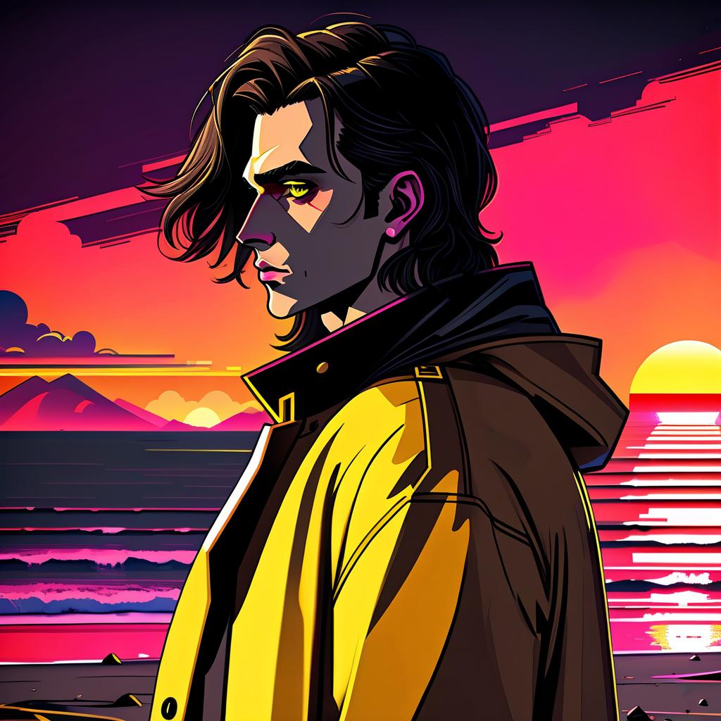  retro cyberpunk a young man stands on the beach. he has long dark brown hair that gently falls on his shoulders, and his face, with jewish and slavic features, exudes calmness, and brown eyes with circles beneath them. he is dressed in a bright yellow coat that immediately attracts attention and contrasts with the surrounding landscape. under the coat is a black shirt, and black pants are additionally decorated with yellow elements, creating a harmonious and stylish image. the sun sets over the horizon, shrouding everything around in red shades, and bright red stripes lie on the surroundings contrasting with the darkness and creating a magical atmosphere. . 80's inspired, synthwave, neon, vibrant, detailed, retro futurism