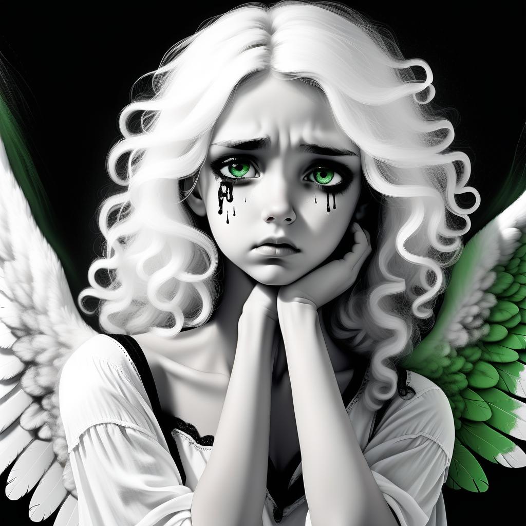  1) a very sad angel in tears, 2) one wing white, the other black, open (3) curly black and white hair, the right half of the hair on the head is white, the left half of the hair on the head is black. 4) angel takes off (5) black and white art 6) green eyes remaining black and white (7) in wounds