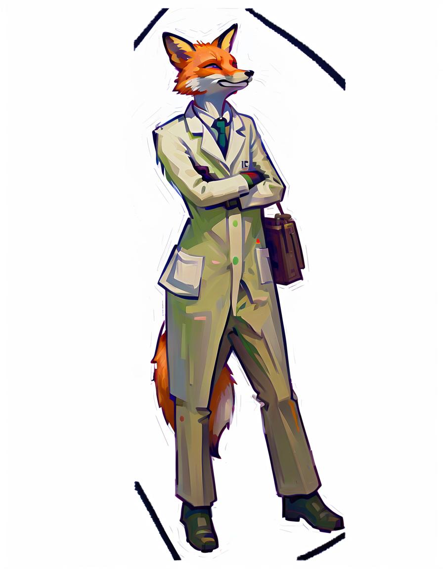  impressionist painting an anthropomorphic fox researcher in a white coat, in full growth . loose brushwork, vibrant color, light and shadow play, captures feeling over form