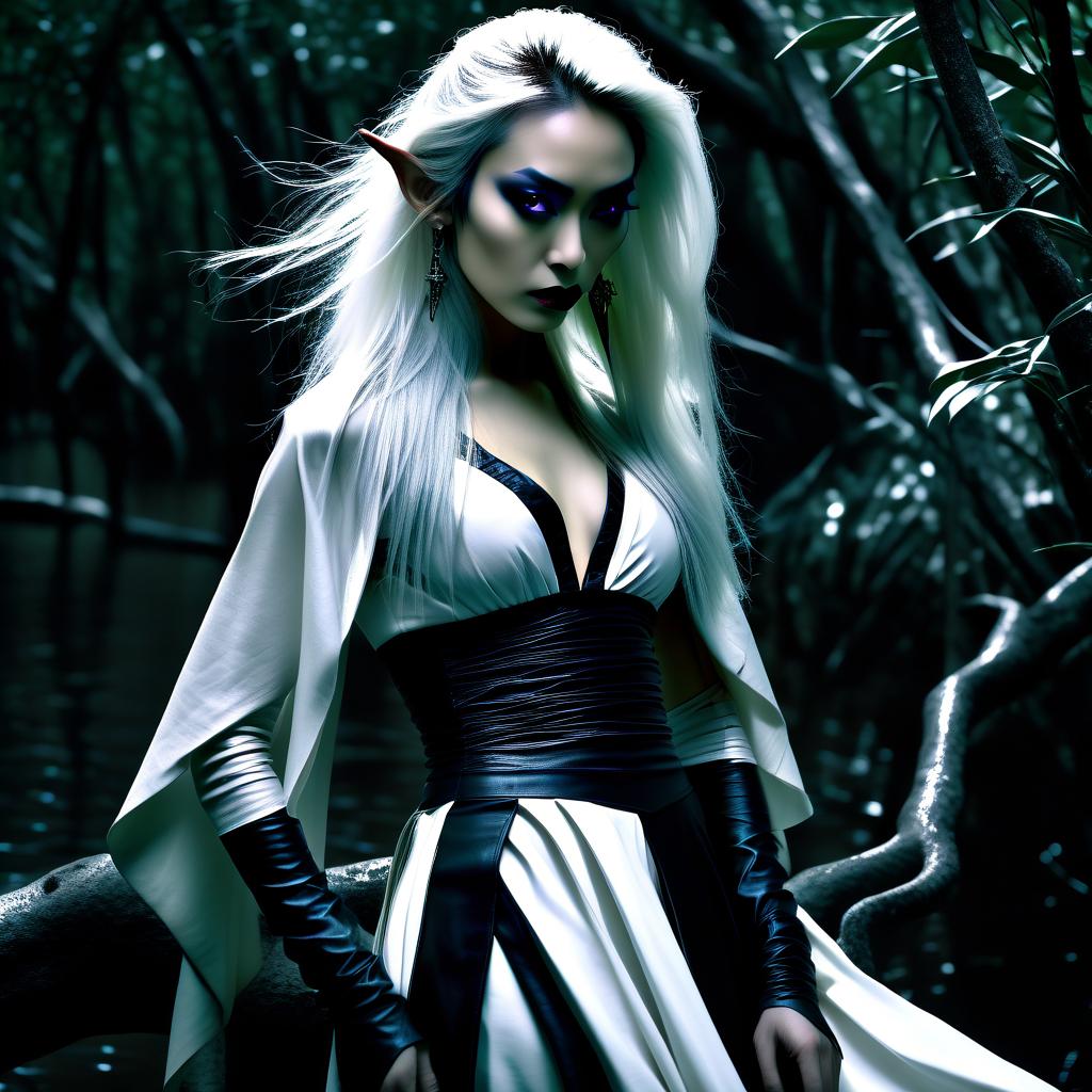  macabre style film actress fei ren in the form of a full length elves queen of a thief fighter in a variety of long white leather skirts with linings. in the dark mangrove forest. . dark, gothic, grim, haunting, highly detailed, perfecteyes, perfect hands