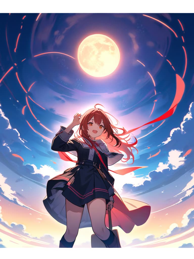  cute illustration style {witch:2.0}{beautiful girl:1.5}(red hair color)(green eye color){{straddled on broom:1.5}{flying in the sky:1.5}{beautiful night sky:1.5}{moon night:1.7} masterpiece,high quality,16k,absurd,super analysis