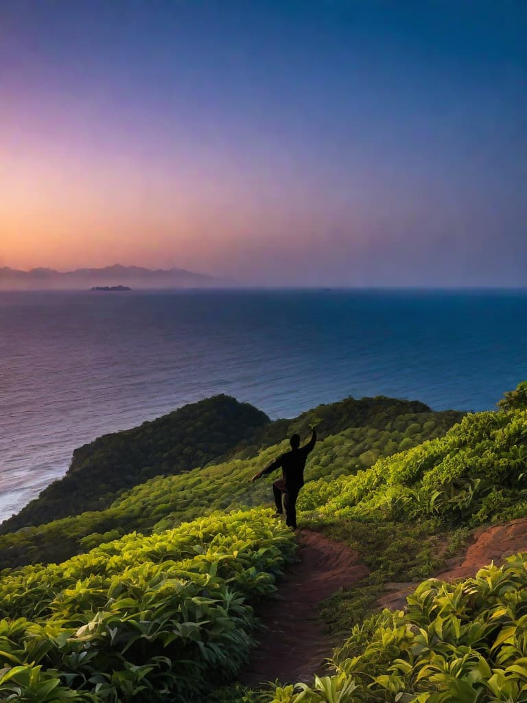  A silhouette of a man doing Thai Chi on a cliff overlooking the ocean with a sunrise in the background. RAW, realistic