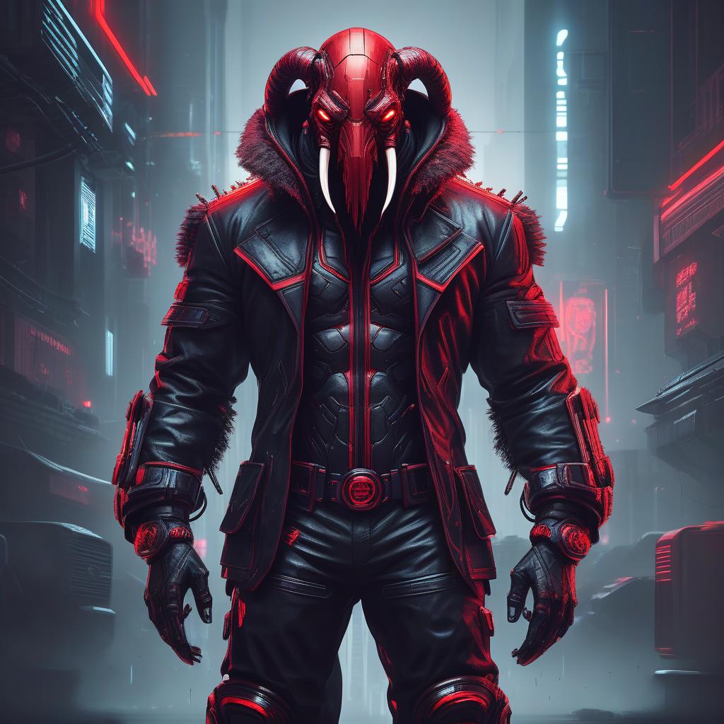  cyberpunk game style mammoth superhero in black and red mafia suit on white background . neon, dystopian, futuristic, digital, vibrant, detailed, high contrast, reminiscent of cyberpunk genre video games