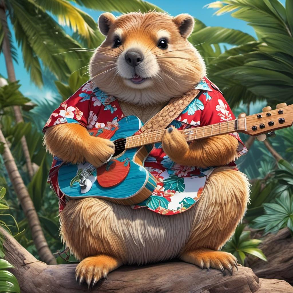  fat beaver in hawaiian shirt playing a guitar , anime style, manga style, manhwa style