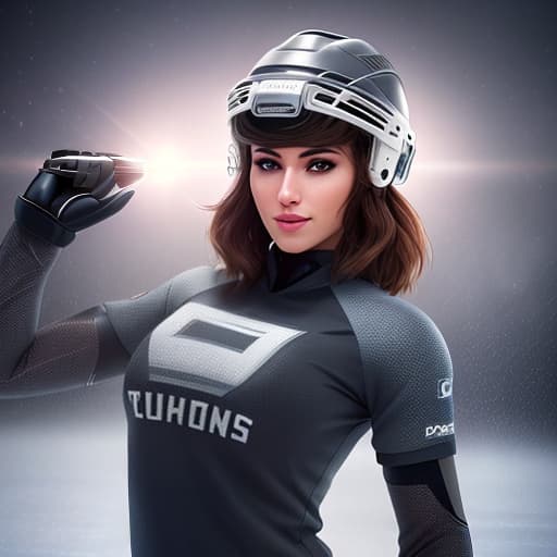  A girl with fair hair and brown eyes holds a microphone and headphones in her hands, standing next to a hockey player with a bald head and brown eyes on the ice. hyperrealistic, full body, detailed clothing, highly detailed, cinematic lighting, stunningly beautiful, intricate, sharp focus, f/1. 8, 85mm, (centered image composition), (professionally color graded), ((bright soft diffused light)), volumetric fog, trending on instagram, trending on tumblr, HDR 4K, 8K