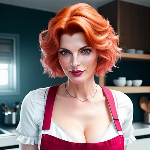  a closeup portrait of Rene Russo, playful maid, undercut hair, apron, amazing body, pronounced feminine feature, busty, kitchen, [ash blonde | ginger | pink hair], freckles, flirting with camera hyperrealistic, full body, detailed clothing, highly detailed, cinematic lighting, stunningly beautiful, intricate, sharp focus, f/1. 8, 85mm, (centered image composition), (professionally color graded), ((bright soft diffused light)), volumetric fog, trending on instagram, trending on tumblr, HDR 4K, 8K