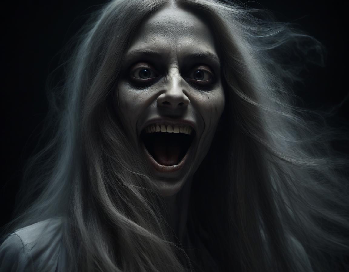  on a black background, a very scary and grotesque looking woman has a ghostly face with long flowing hair, smiling evilly and scaring people. ,ultra realistic, cinematic, high detail, drooling out of my mouth