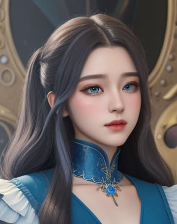  masterpiece, best quality, (fidelity: 1.4), best quality, masterpiece, high resolution, poster, fantasy art, very detailed faces, 8k resolution, a woman, twin tailed hair, long hair, keyhole blue dress