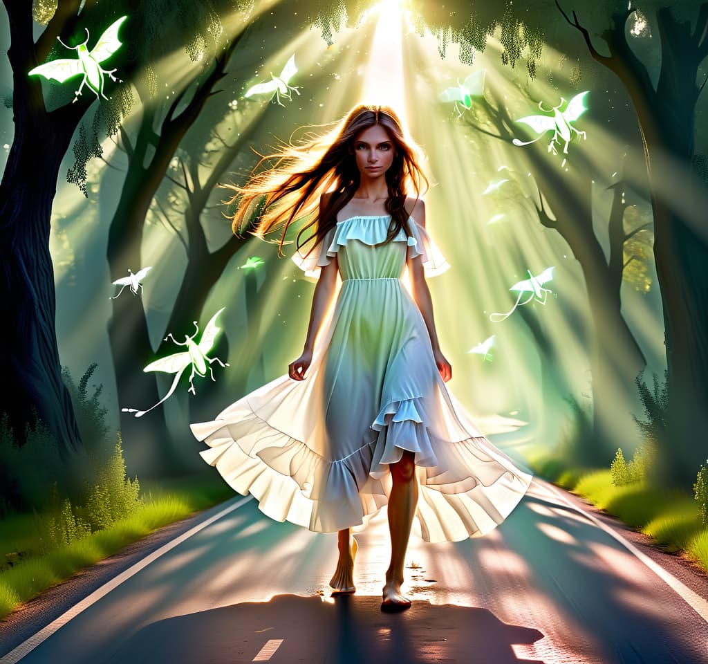  ethereal fantasy concept art of a young , slim, brown long hair, green eyes, a white dress with ruffles to the knee, without shoes, from the legs of a run small lizards, an asphalt road among the trees, glares of light, the rays of the sun through the trees, small lizards . magnificent, celestial, ethereal, painterly, epic, majestic, magical, fantasy art, cover art, dreamy, perfecteyes, glowneon, hkmagic