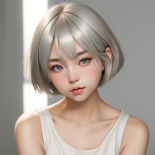  cute japanese girl face, cute short hair, light blonde and silver bob cut hairstyle, black sleeveless top, delicate makeup, cool style, natural lighting, photo realistic in the style of realistic.