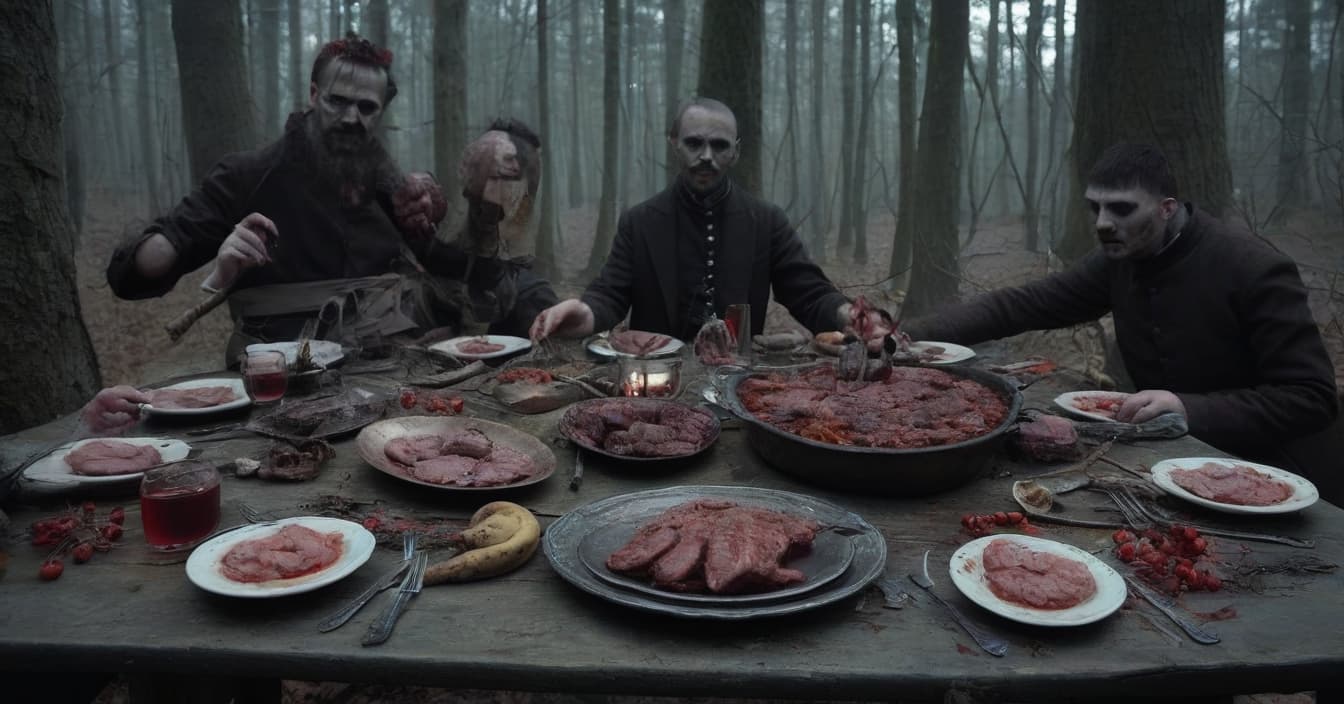  macabre style a feast of prisoners in the forest near the house of the huntsman, the huntsman himself and other people who are not prisoners is not in the picture. on the table should be meat, there may be cutlets, tartar, and in the center of the table should be baked organs such as the heart and stomach. . dark, gothic, grim, haunting, highly detailed