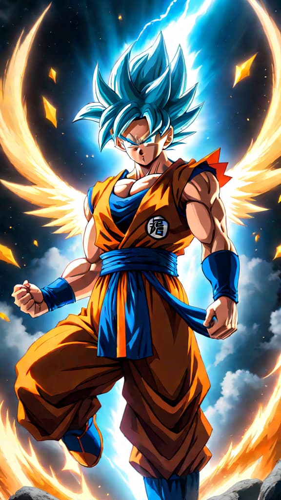  anime art: goku from dragon ball surpassing angels with ultra instinct, awe inspiring power and determination. hyperrealistic, full body, detailed clothing, highly detailed, cinematic lighting, stunningly beautiful, intricate, sharp focus, f/1. 8, 85mm, (centered image composition), (professionally color graded), ((bright soft diffused light)), volumetric fog, trending on instagram, trending on tumblr, HDR 4K, 8K