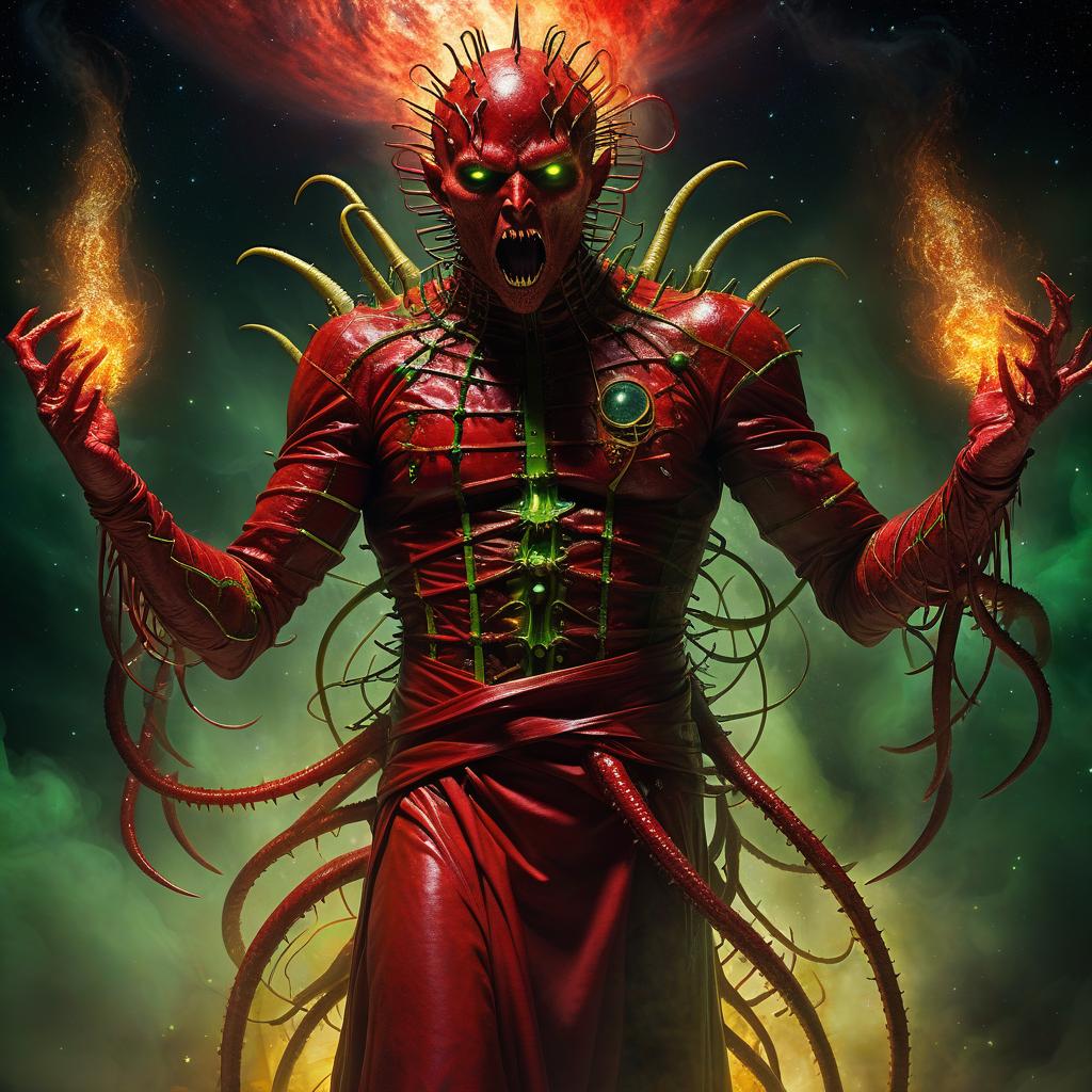  space themed demon hellraiser bloodsucker pretends to be a saint wrapped in red garment wound strewn with spines of blades mucus in yellow and green smoke fire and sparks of tentacle ring claws scream and horror . cosmic, celestial, stars, galaxies, nebulas, planets, science fiction, highly detailed