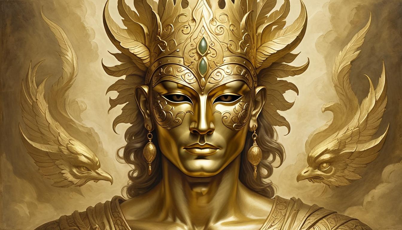  on parchment, surrealism+++, a golden mask being placed onto a serene face, hands in shadow, divine aura, concealment for protection, gentle glow, reverence, careful guardianship, sacred secrecy.(mysterious, provocative, symbolic,muted color)+++