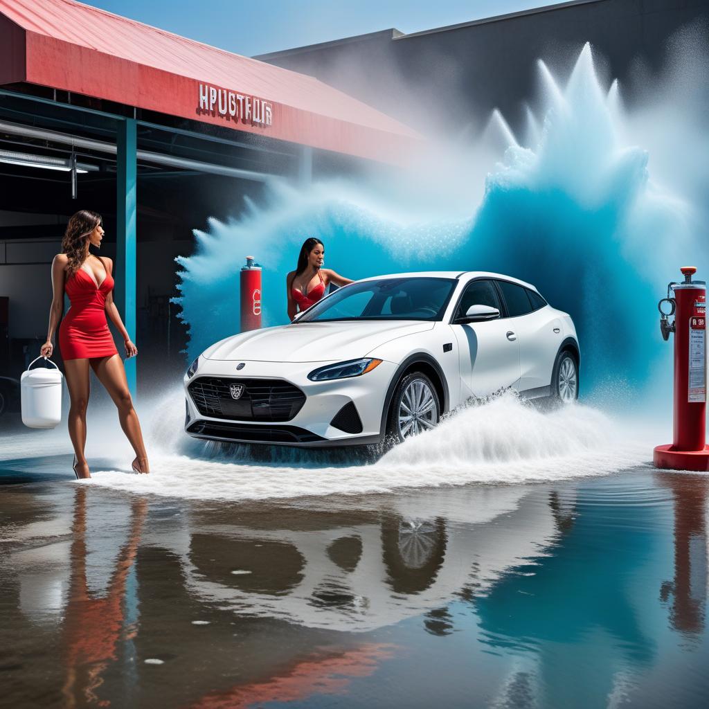  Abstract art of a woman washing a car at a car wash, utilizing vibrant colors, dynamic shapes, and unconventional forms. The composition should evoke the movement and energy of the scene, with suggestions of water sprays, bubbles, and car elements blending artistically with the woman washing the car. hyperrealistic, full body, detailed clothing, highly detailed, cinematic lighting, stunningly beautiful, intricate, sharp focus, f/1. 8, 85mm, (centered image composition), (professionally color graded), ((bright soft diffused light)), volumetric fog, trending on instagram, trending on tumblr, HDR 4K, 8K