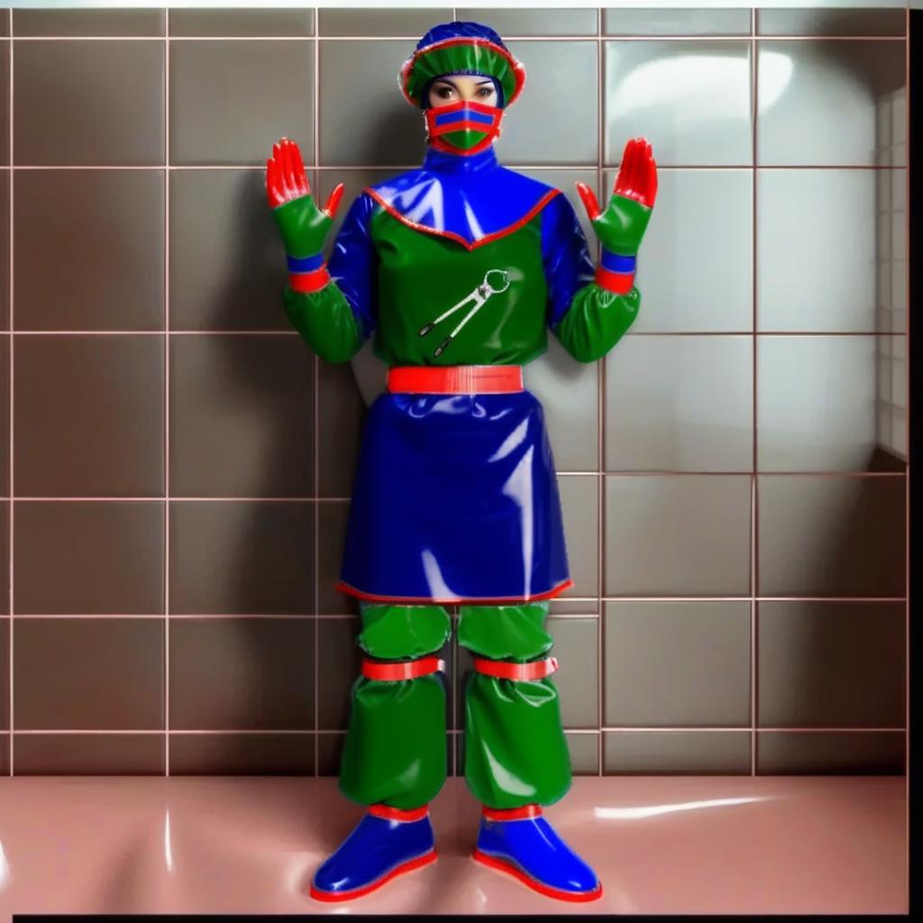  "hyperdetalisation, woman, mistress surgeon, in dressed three color surgical suit, made of glossy latex, standing alone, full length, front view, full face, dressed in, surgical gown, knee length, with elastic waistband, long sleeves, with elastic cuffs, upper part of surgical gown, (from collar to waist), glossy latex dark green, belt at waist, glossy latex red, lower part of surgical gown, (from hem to waist), glossy latex dark blue, in the center of the surgical gown there is an emblem in the form of surgical forceps "burdizzo", upper part of sleeve, (from shoulder to elbow), glossy latex dark blue, lower part of sleeve, (from elbow to cuff), glossy latex dark green, cuffs on sleeve, glossy latex red, (bib with collar), made of glossy d