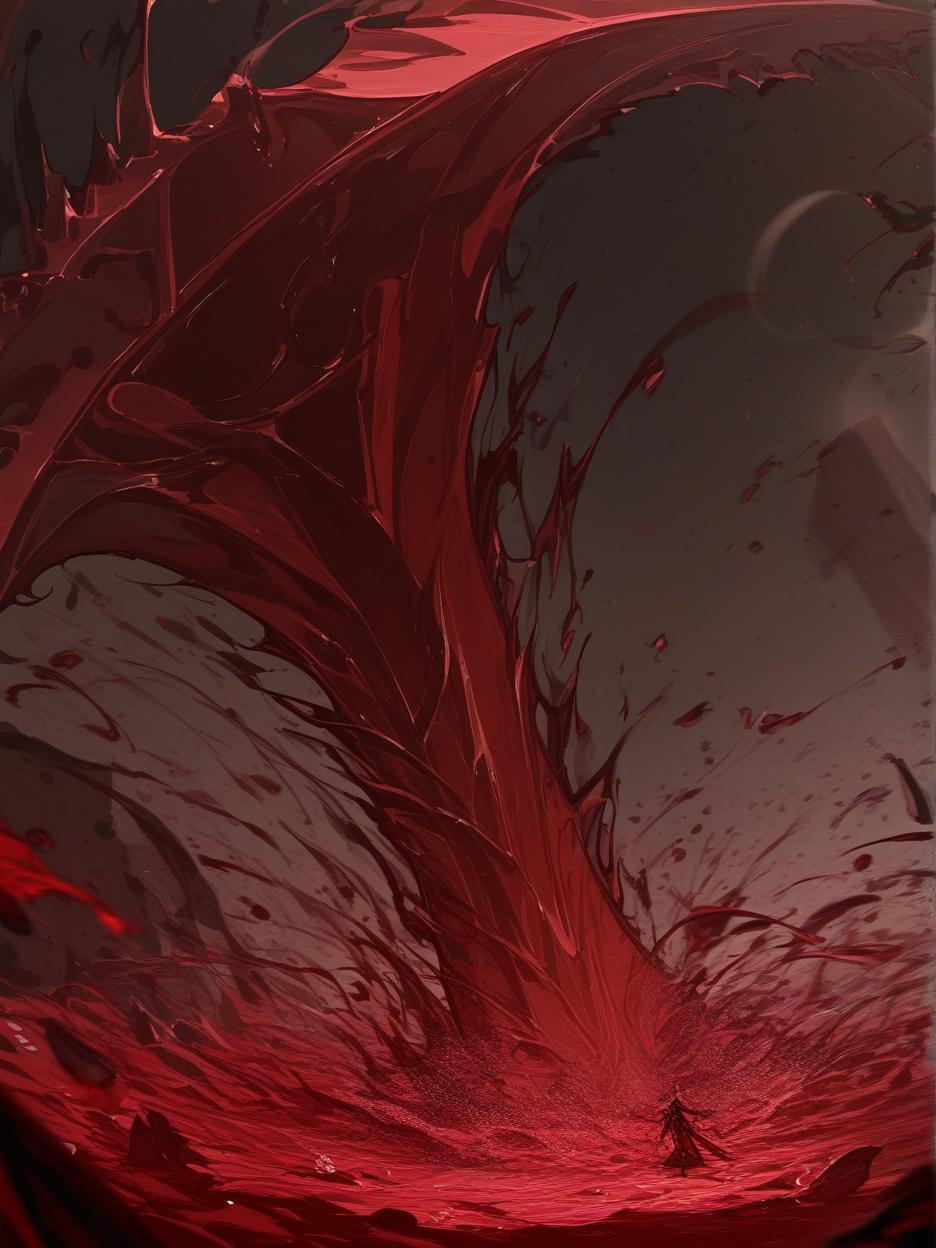  create for me an image of a giant blood sword, it is stuck in the ground with blood swirling around it. the red sand floor being pushed by the swirling force of blood and crystals in the background, with clear skies. . best quality, high resolution