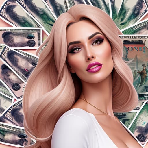  illustration of woman facing right with multiple money symbols flowing backwards from her hairline hyperrealistic, full body, detailed clothing, highly detailed, cinematic lighting, stunningly beautiful, intricate, sharp focus, f/1. 8, 85mm, (centered image composition), (professionally color graded), ((bright soft diffused light)), volumetric fog, trending on instagram, trending on tumblr, HDR 4K, 8K