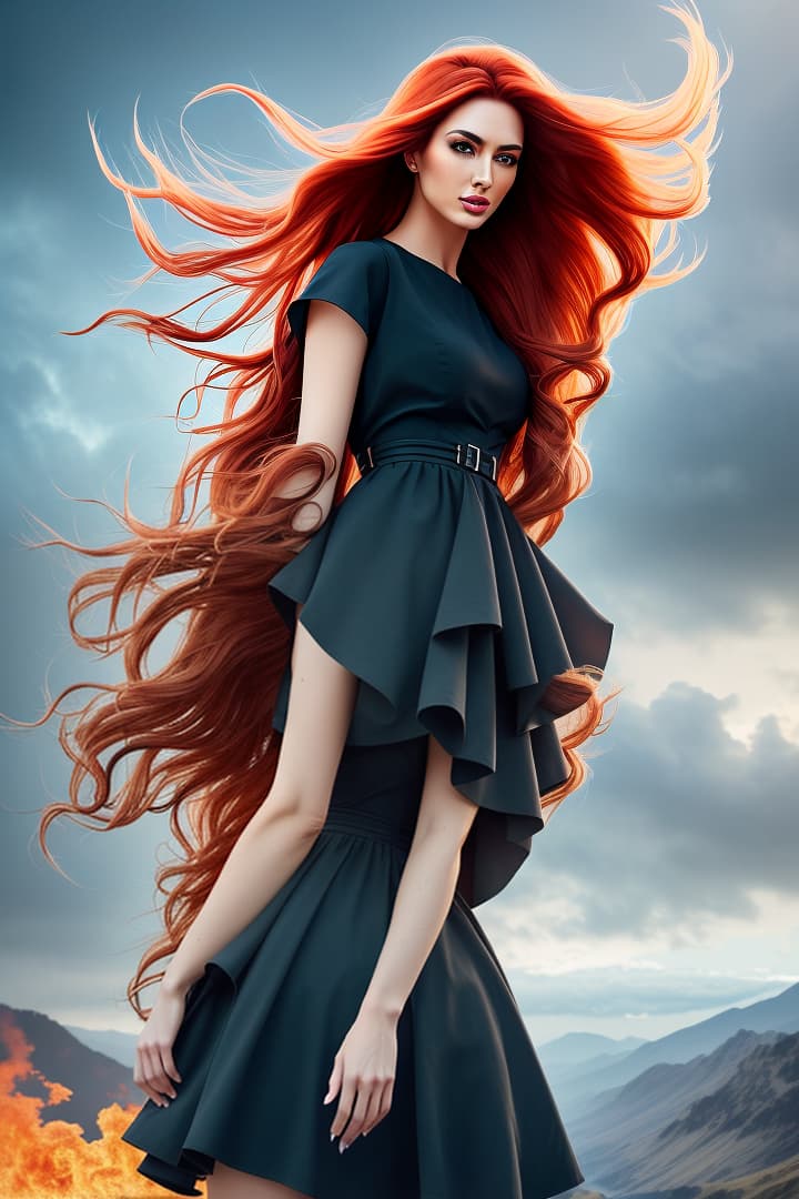  Create a high-resolution image of a striking girl standing confidently amidst a dramatic, fiery backdrop. Her presence should be both captivating and powerful, with her hair floating and flowing as if caught in an ethereal wind created by the intense heat. hyperrealistic, full body, detailed clothing, highly detailed, cinematic lighting, stunningly beautiful, intricate, sharp focus, f/1. 8, 85mm, (centered image composition), (professionally color graded), ((bright soft diffused light)), volumetric fog, trending on instagram, trending on tumblr, HDR 4K, 8K