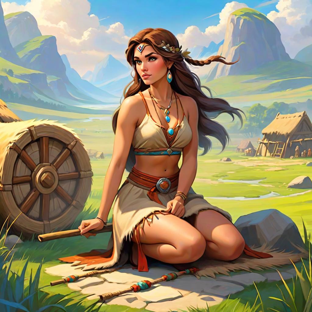  ethereal fantasy concept art of stone age woman in a dirty fur skirt and a dirty fur vest weaving on a loom, hunts in the steppe, outdoor, at full heigh body, with brovn hair, slender, slim waist, long loincloth, tanned skin, at full heigh body, action pose, full heigh body, against the backdrop of a stone age village, . magnificent, celestial, ethereal, painterly, epic, majestic, magical, fantasy art, cover art, dreamy