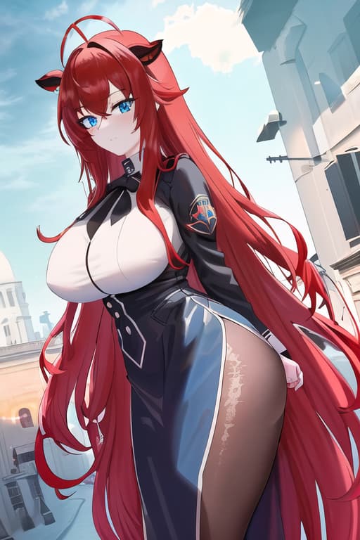   s,masterpiece, best quality, 1women, long red hair, looking at viewer, :3, cute, black uniform, outdoors, streets, cow shot, curvy, (((blue eyes))), rias gremory, red hair, antenna hair, wavy hair, ((beautiful detailed eyes, beautiful detailed glow, lots of glow)), anime screencap