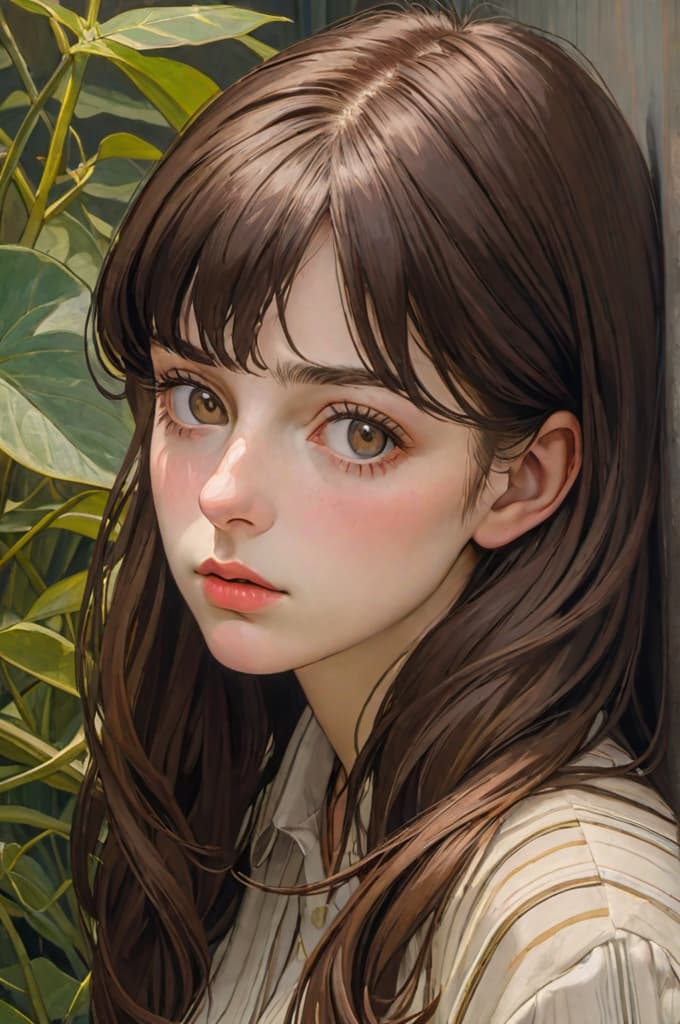  girl with brown hair, cerquillo, her eyes look bored and tedious, she es beautiful but inquietante, looks like a 1987, high quality high detail painting by lucian freud, hd, photorealistic lighting, style of van gogh hyperrealistic, full body, detailed clothing, highly detailed, cinematic lighting, stunningly beautiful, intricate, sharp focus, f/1. 8, 85mm, (centered image composition), (professionally color graded), ((bright soft diffused light)), volumetric fog, trending on instagram, trending on tumblr, HDR 4K, 8K