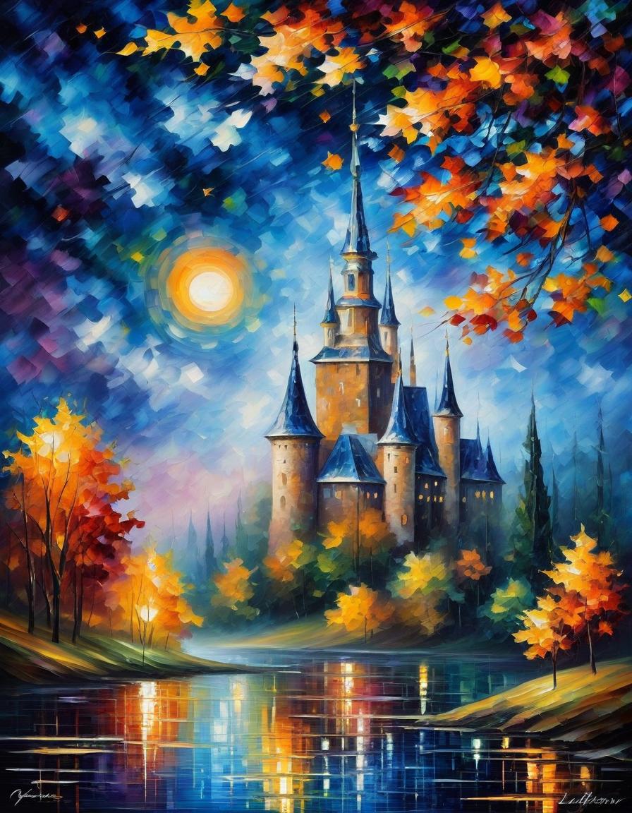  space themed (style of leonid afremov:1.5), oil palette knife painting, canvas, autumn landscape, forest, castle, falling autumn leaves, fantasy, muted shades of colors, gothic aesthetic, beautiful, blue hour, impessionism . cosmic, celestial, stars, galaxies, nebulas, planets, science fiction, highly detailed