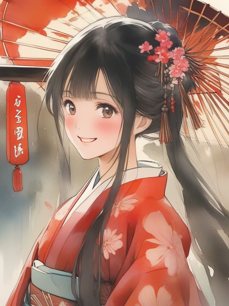  gentle illustration,masterpiece(beautiful girl)(black hair color)(straight long hair hime cut:1.2)(in japanese kimono) smile,high quality,8k,super analysis