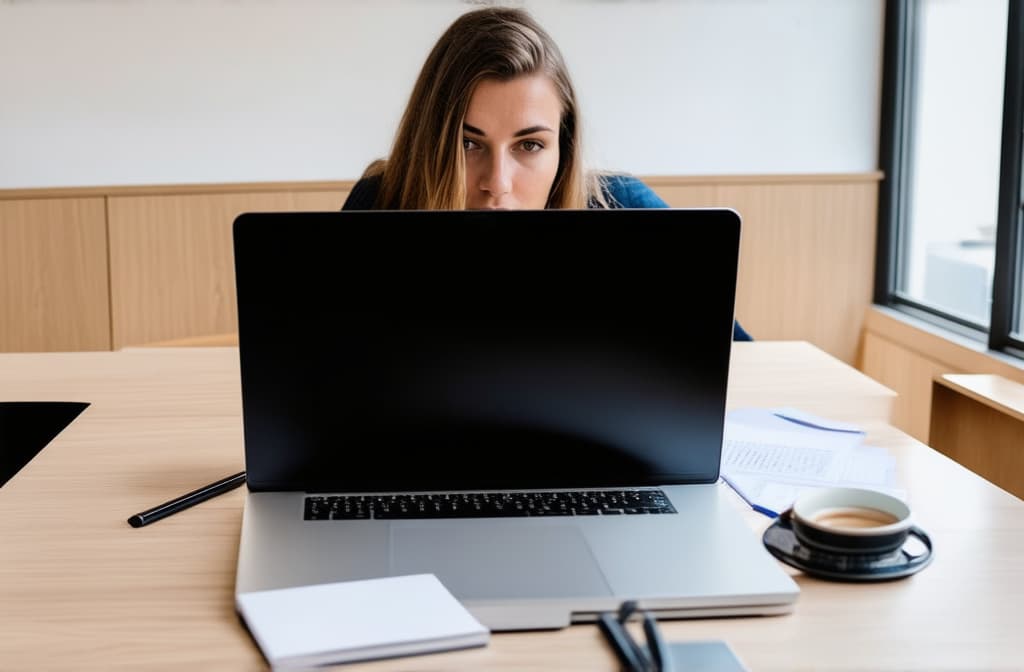  professional detailed photography, front view. girl sitting at laptop, hands not visible. spacious light office, good daylight ar 3:2, (muted colors, dim colors, soothing tones), (vsco:0.3)