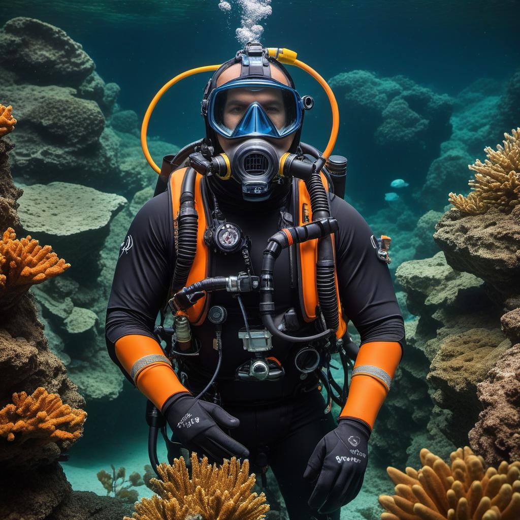  jb name, male, rebreather diver, thick loops, helmet in orange, cave diver, underwater, face view diver, fresh water, shoulder view, jb, mystical style