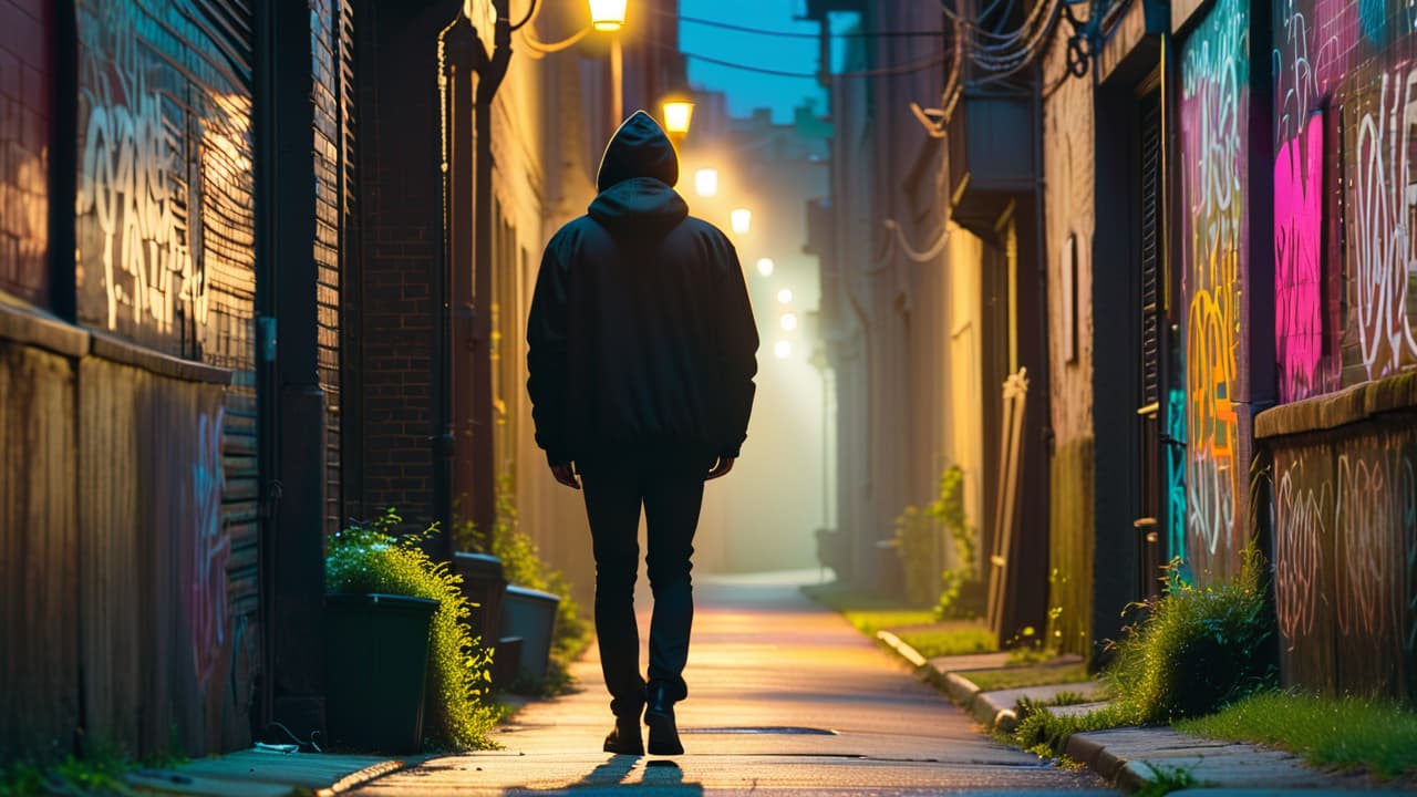  a shadowy figure whispers in a dimly lit urban alley, surrounded by graffiti, flickering streetlights, and curious onlookers. eerie silhouettes loom, evoking a sense of mystery and intrigue about shared folklore. hyperrealistic, full body, detailed clothing, highly detailed, cinematic lighting, stunningly beautiful, intricate, sharp focus, f/1. 8, 85mm, (centered image composition), (professionally color graded), ((bright soft diffused light)), volumetric fog, trending on instagram, trending on tumblr, HDR 4K, 8K