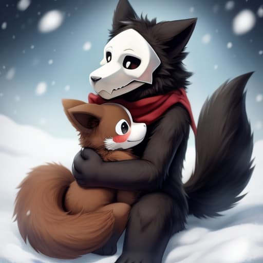  Puro And SCP-1471, Sitting on other, big fluffy tails, brown fur, scarf, hug, cute, Puro with brown fur, snow eviroment, florest background, fluffy body, kemono style, open eyes, masterpiece, 4k, fine details,