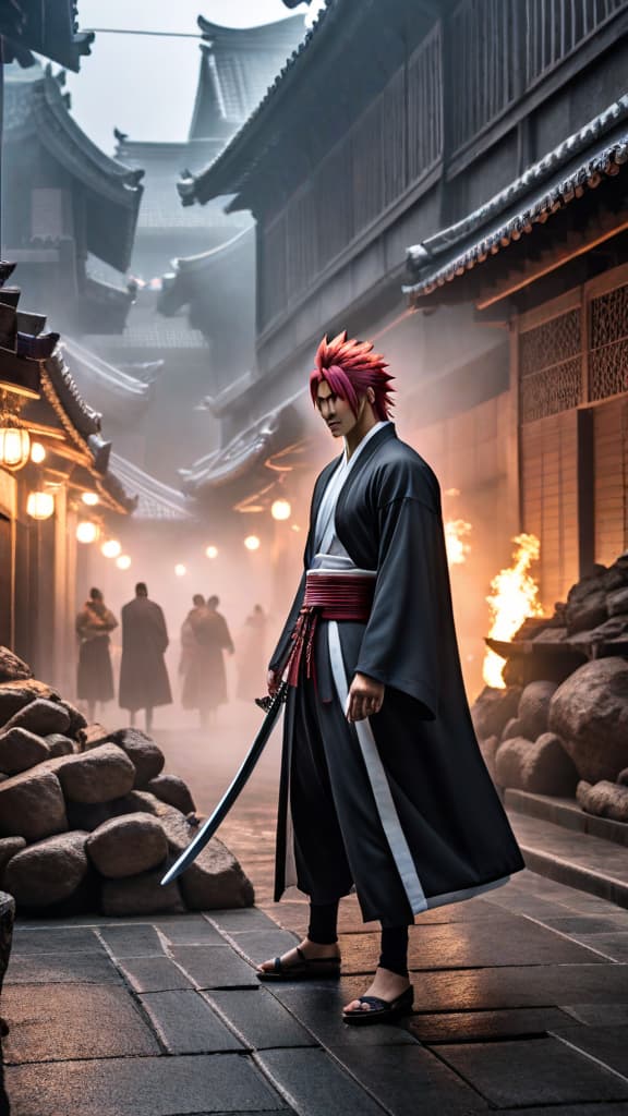  renji from bleach, amidst ruins, unleashing a flurry of attacks with zabimaru's serpentine form, anime art hyperrealistic, full body, detailed clothing, highly detailed, cinematic lighting, stunningly beautiful, intricate, sharp focus, f/1. 8, 85mm, (centered image composition), (professionally color graded), ((bright soft diffused light)), volumetric fog, trending on instagram, trending on tumblr, HDR 4K, 8K