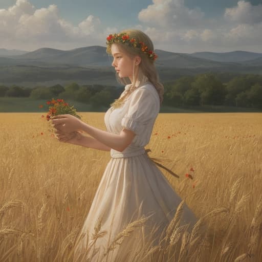  In the painting, a young Ukrainian woman in traditional attire peacefully lies amidst tall wheat fields. Her hair is adorned with a wreath of wormwood and poppies, symbolically connecting her to nature and traditions. She wears an embroidered blouse with traditional patterns and a white skirt that contrasts beautifully with the golden wheat around her. The young woman holds a red poppy flower in her hand, shining brightly amidst the green and golden fields. The background features endless wheat fields, conveying growth and movement, under a clear, bright sky with distant clouds, creating a sense of space and light. This image captures profound symbolism and inspiration from Ukrainian culture, portraying peace and harmony with nature. hyperrealistic, full body, detailed clothing, highly detailed, cinematic lighting, stunningly beautiful, intricate, sharp focus, f/1. 8, 85mm, (centered image composition), (professionally color graded), ((bright soft diffused light)), volumetric fog, trending on instagram, trending on tumblr, HDR 4K, 8K