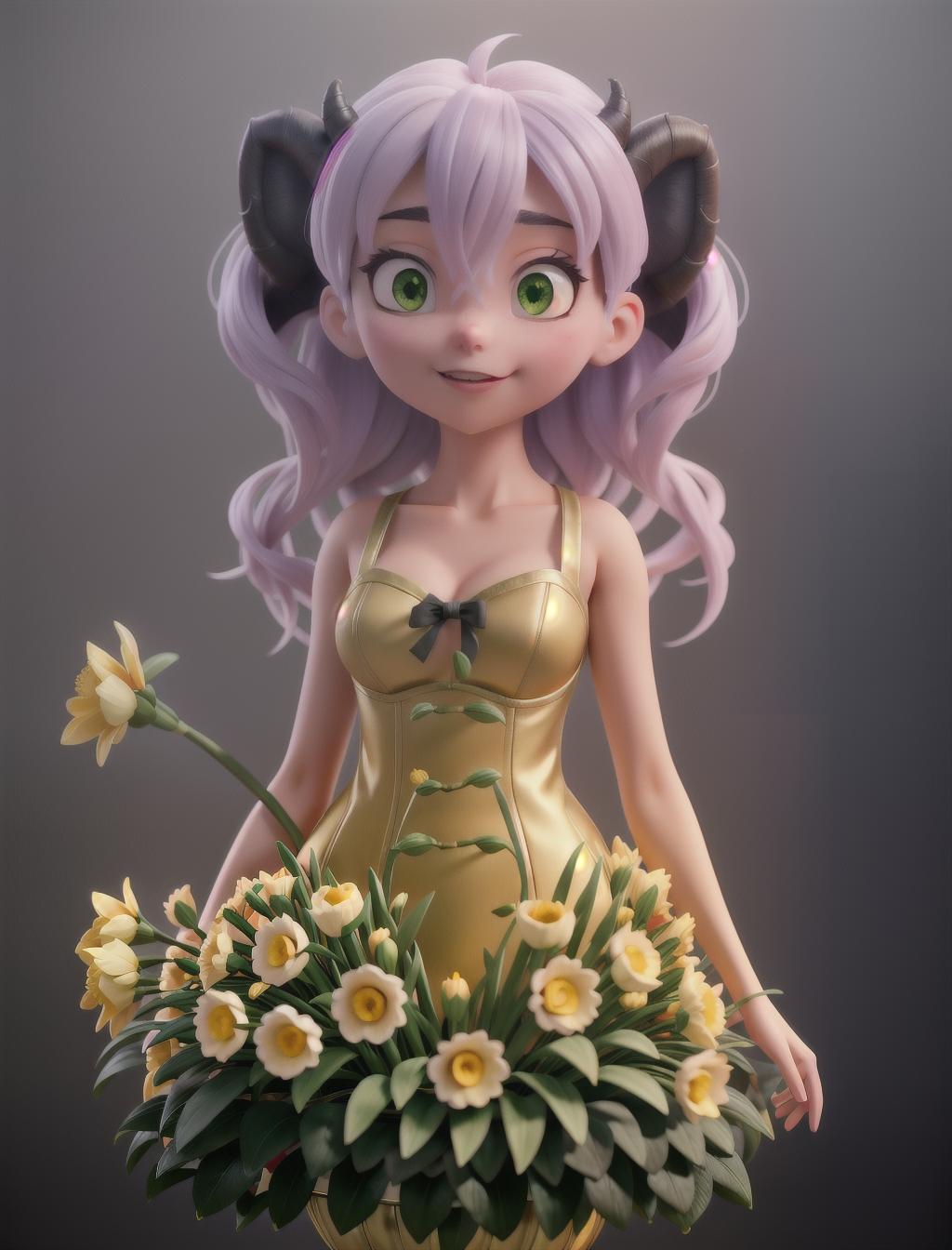  Anime demon girl holding a daffodil hyperrealistic, full body, detailed clothing, highly detailed, cinematic lighting, stunningly beautiful, intricate, sharp focus, f/1. 8, 85mm, (centered image composition), (professionally color graded), ((bright soft diffused light)), volumetric fog, trending on instagram, trending on tumblr, HDR 4K, 8K