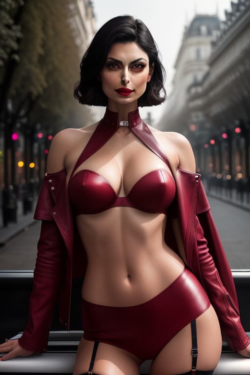  Morena Baccarin, hyper realistic photo, carmine red lips, dark makeup, fuchsia leather jacket, fuchsia skirt, leather skirt, slit skirt, garter belt, white stockings, medium breasts, deep neckline, bare torso, topless, armchair, roof terrace (Champs Elysées), front view hyperrealistic, full body, detailed clothing, highly detailed, cinematic lighting, stunningly beautiful, intricate, sharp focus, f/1. 8, 85mm, (centered image composition), (professionally color graded), ((bright soft diffused light)), volumetric fog, trending on instagram, trending on tumblr, HDR 4K, 8K
