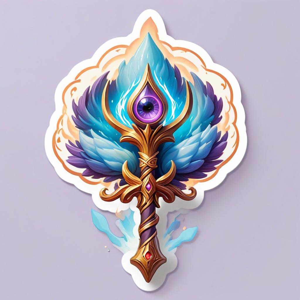  dreamscape battle staff, celetial rod, elemental magic, mystic hand, eyes, sorcerer rpg class minimal badge . surreal, ethereal, dreamy, mysterious, fantasy, highly detailed, sticker