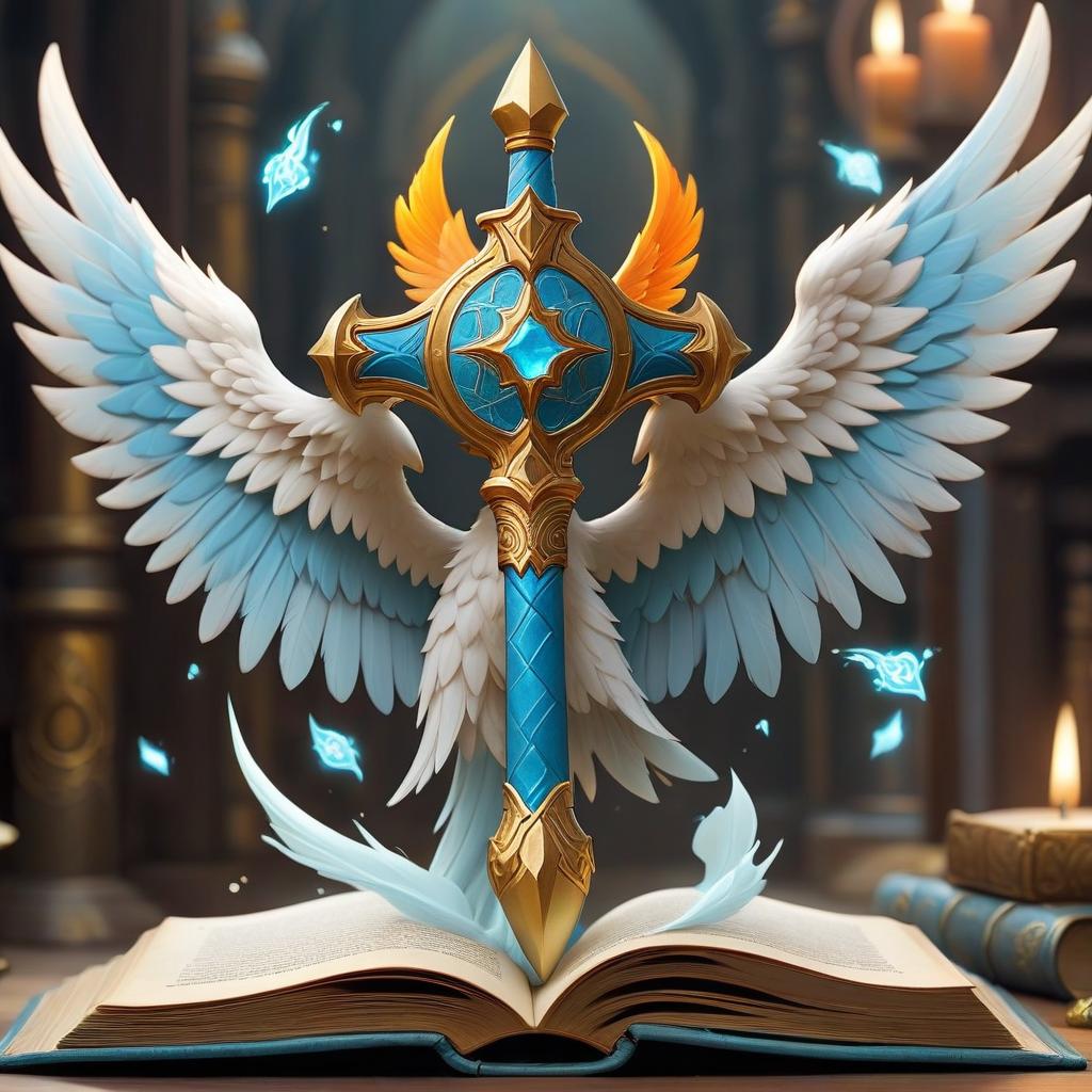  ethereal fantasy concept art of battle hammer, wings, religious book, occult accessories, cleric rpg class minimal badge . magnificent, celestial, ethereal, painterly, epic, majestic, magical, fantasy art, cover art, dreamy, sticker